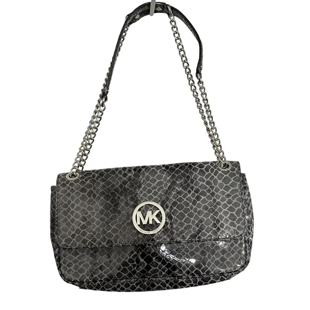 Michael Kors Grey Snakeskin‎ Embossed Shoulder Bag Silver MK Logo Chain Strap